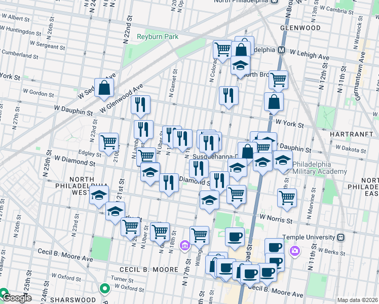 map of restaurants, bars, coffee shops, grocery stores, and more near 1718 West Susquehanna Avenue in Philadelphia