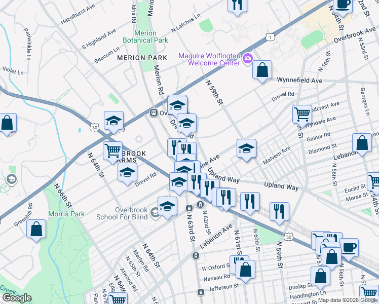 map of restaurants, bars, coffee shops, grocery stores, and more near 2037 North 63rd Street in Philadelphia
