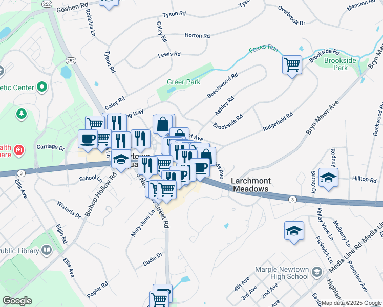 map of restaurants, bars, coffee shops, grocery stores, and more near 3530 Rhoads Avenue in Newtown Square