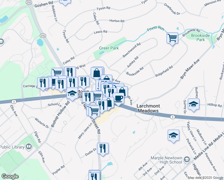 map of restaurants, bars, coffee shops, grocery stores, and more near 3530 Rhoads Avenue in Newtown Square