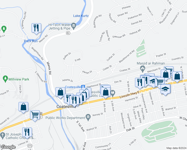 map of restaurants, bars, coffee shops, grocery stores, and more near 100 Harlan Drive in Coatesville
