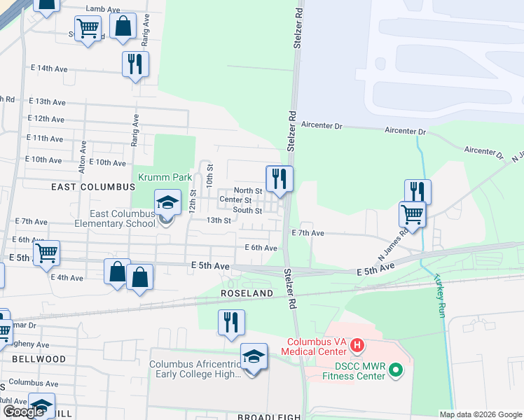 map of restaurants, bars, coffee shops, grocery stores, and more near in Columbus