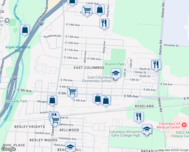 map of restaurants, bars, coffee shops, grocery stores, and more near 2989 East 8th Avenue in Columbus
