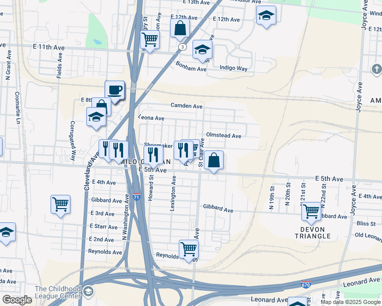 map of restaurants, bars, coffee shops, grocery stores, and more near 1067 Saint Clair Avenue in Columbus