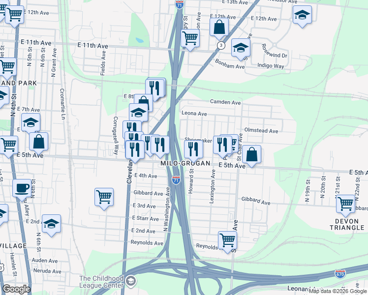 map of restaurants, bars, coffee shops, grocery stores, and more near in Columbus