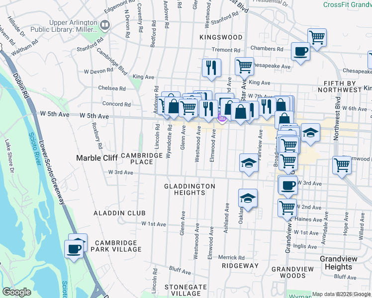 map of restaurants, bars, coffee shops, grocery stores, and more near 1481 Westwood Avenue in Columbus