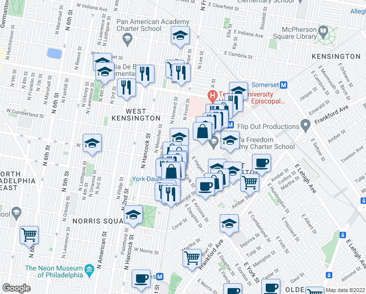 map of restaurants, bars, coffee shops, grocery stores, and more near 2443 North Front Street in Philadelphia