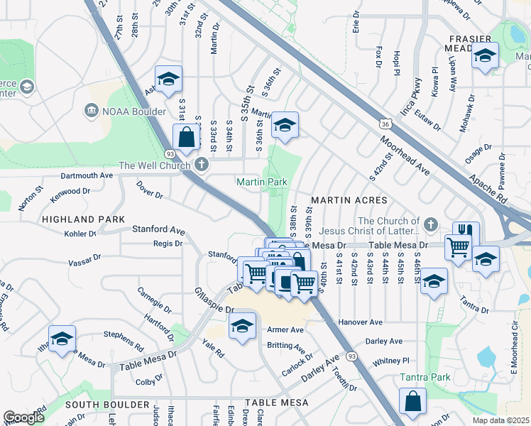 map of restaurants, bars, coffee shops, grocery stores, and more near 390 South 36th Street in Boulder