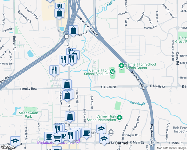 map of restaurants, bars, coffee shops, grocery stores, and more near 907 Rosalind Place in Carmel