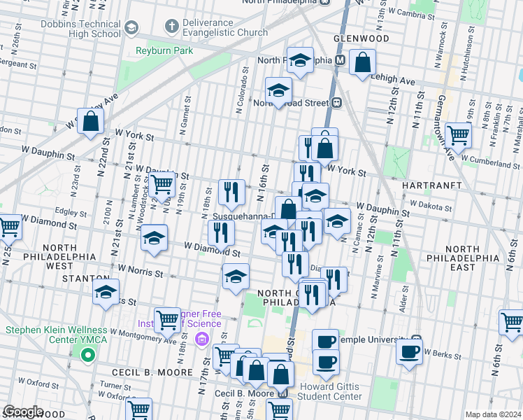 map of restaurants, bars, coffee shops, grocery stores, and more near 2225 North 16th Street in Philadelphia