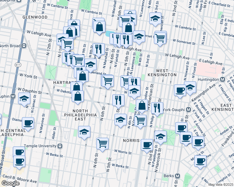 map of restaurants, bars, coffee shops, grocery stores, and more near 2351 North Reese Street in Philadelphia