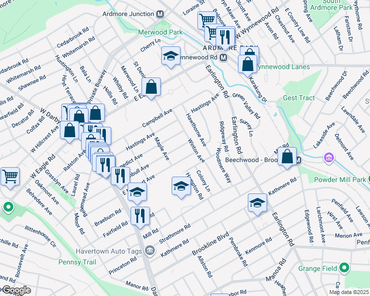 map of restaurants, bars, coffee shops, grocery stores, and more near 237 East Turnbull Avenue in Havertown