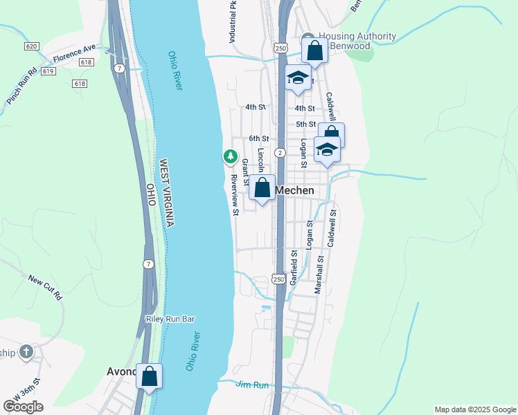map of restaurants, bars, coffee shops, grocery stores, and more near Sandy Ave in McMechen