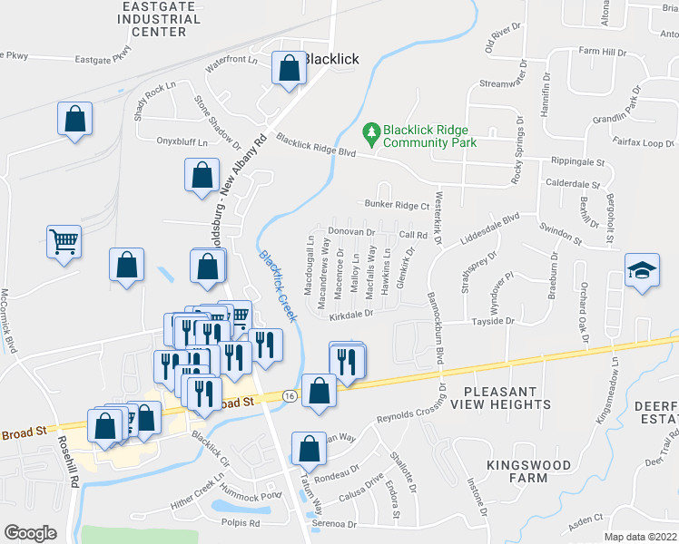 map of restaurants, bars, coffee shops, grocery stores, and more near Macenroe Dr in Columbus