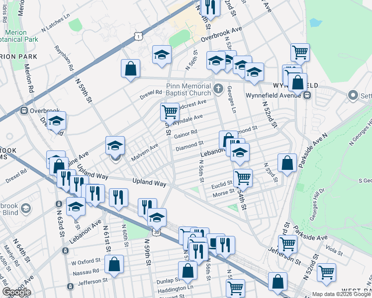 map of restaurants, bars, coffee shops, grocery stores, and more near 5623 Lebanon Avenue in Philadelphia