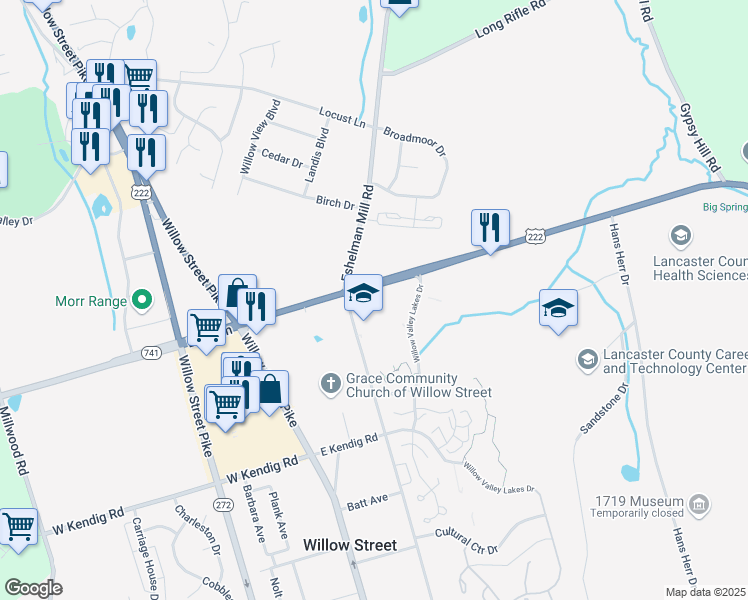 map of restaurants, bars, coffee shops, grocery stores, and more near 212 Willow Valley Lakes Drive in Willow Street
