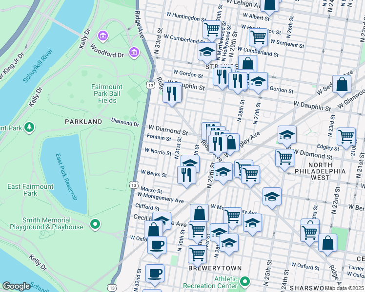 map of restaurants, bars, coffee shops, grocery stores, and more near 3043 Page Street in Philadelphia
