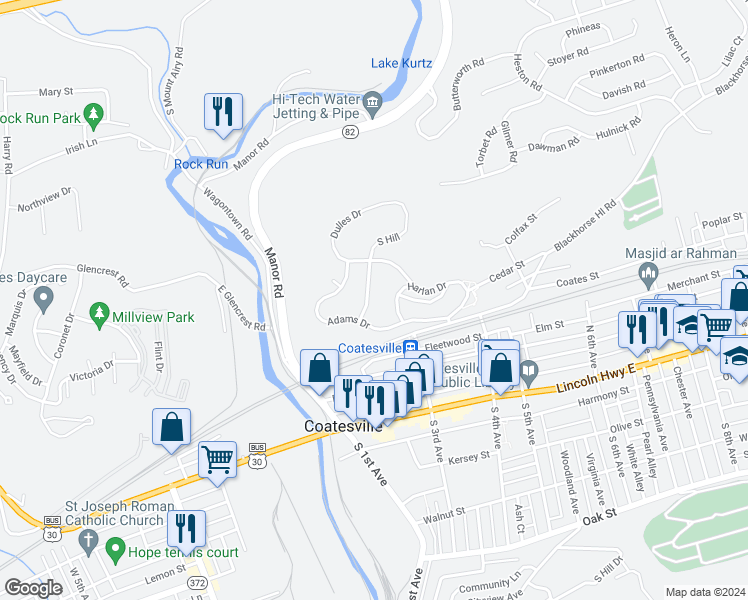 map of restaurants, bars, coffee shops, grocery stores, and more near 307 Buchanan Drive in Coatesville