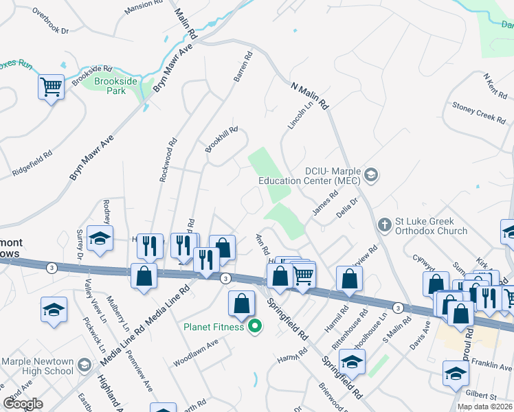 map of restaurants, bars, coffee shops, grocery stores, and more near 104 North Line Road in Newtown Square