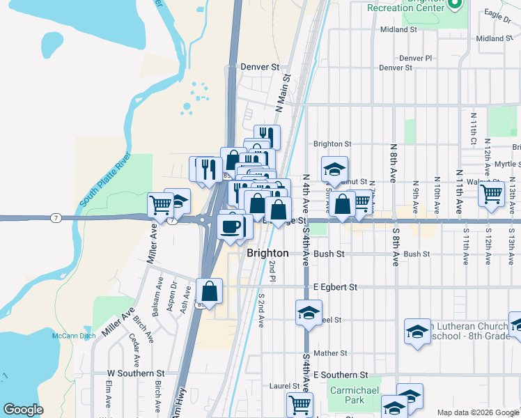 map of restaurants, bars, coffee shops, grocery stores, and more near 5 North Main Street in Brighton