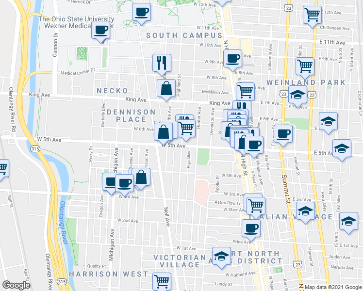 map of restaurants, bars, coffee shops, grocery stores, and more near West 5th Avenue & Highland Street in Columbus