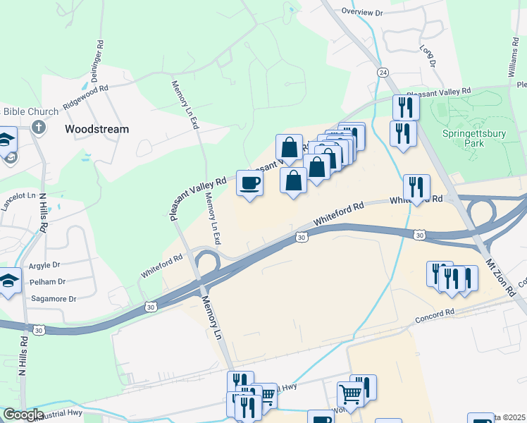 map of restaurants, bars, coffee shops, grocery stores, and more near 2610 Pleasant Valley Road in York