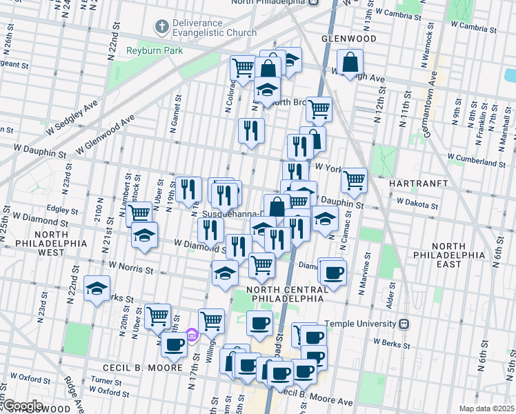 map of restaurants, bars, coffee shops, grocery stores, and more near 2232 North Sydenham Street in Philadelphia