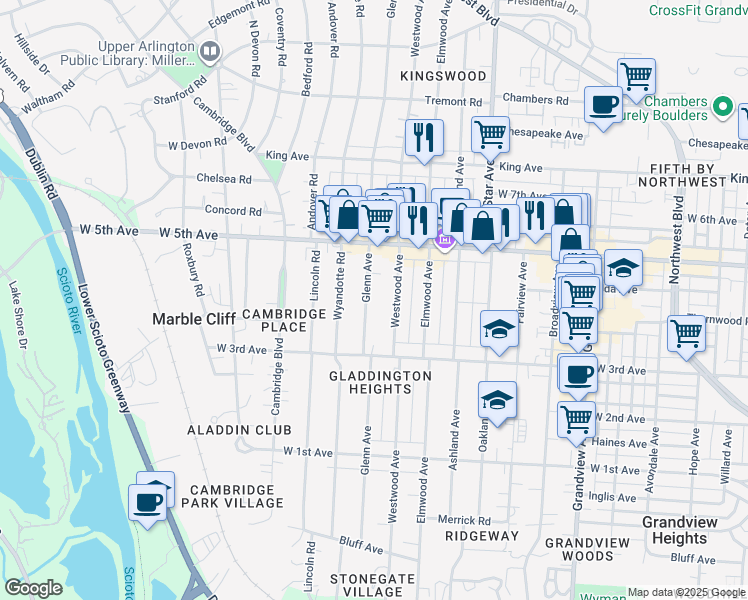 map of restaurants, bars, coffee shops, grocery stores, and more near 1481 Westwood Avenue in Columbus