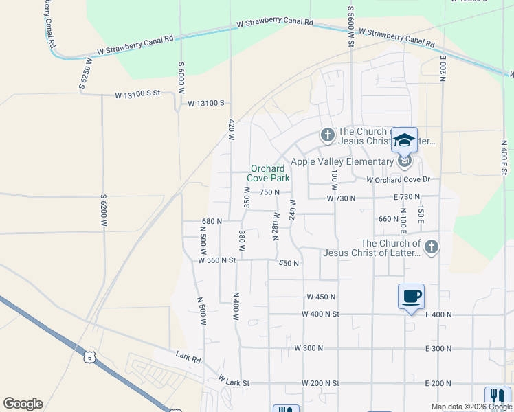 map of restaurants, bars, coffee shops, grocery stores, and more near 332 700 North in Santaquin