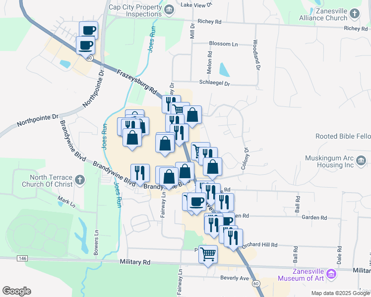 map of restaurants, bars, coffee shops, grocery stores, and more near 3575 Maple Avenue in Zanesville