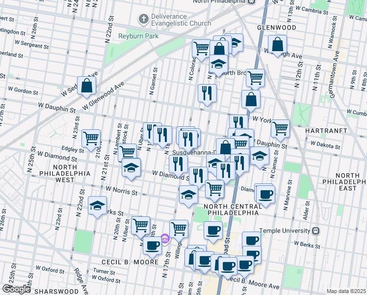 map of restaurants, bars, coffee shops, grocery stores, and more near 2216 North 17th Street in Philadelphia