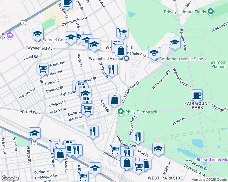 map of restaurants, bars, coffee shops, grocery stores, and more near 5208 Arlington Street in Philadelphia