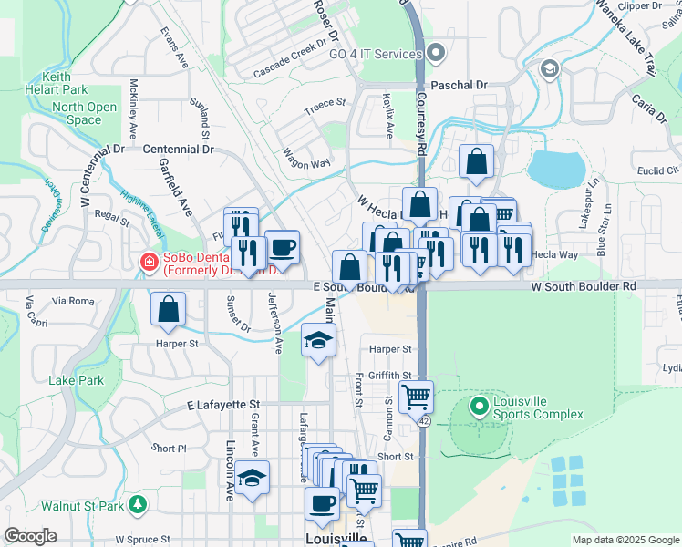 map of restaurants, bars, coffee shops, grocery stores, and more near 1724 Steel Street in Louisville