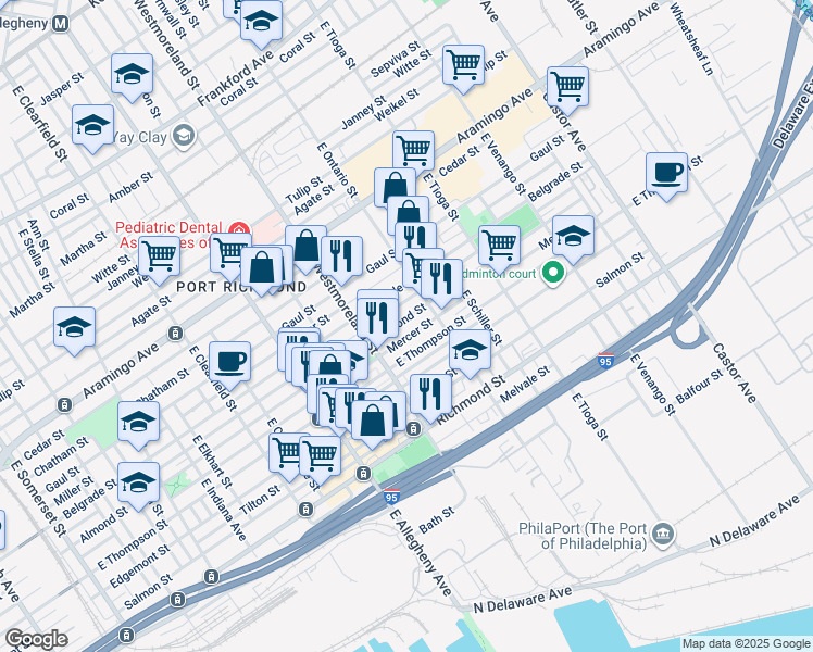 map of restaurants, bars, coffee shops, grocery stores, and more near 3351 Almond Street in Philadelphia