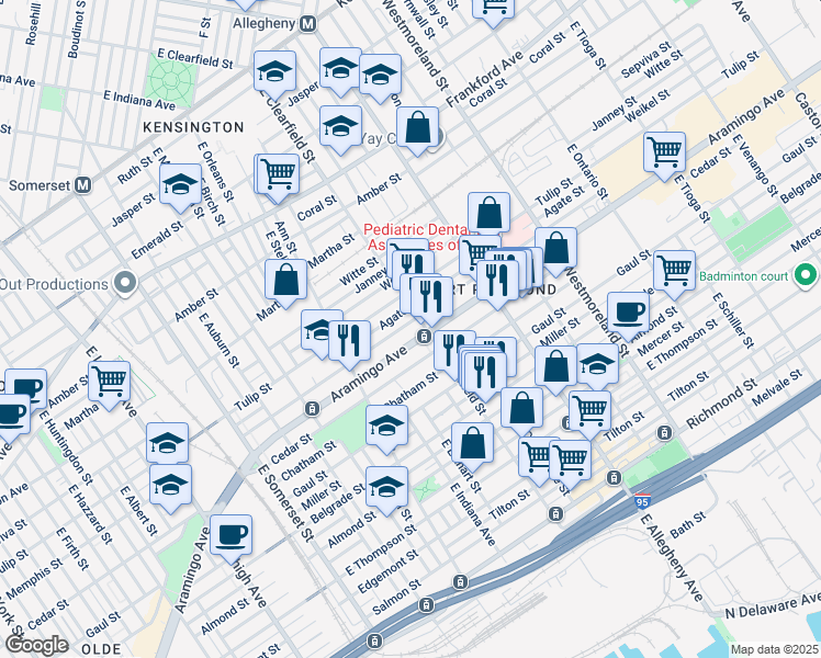 map of restaurants, bars, coffee shops, grocery stores, and more near 3097 Memphis Street in Philadelphia