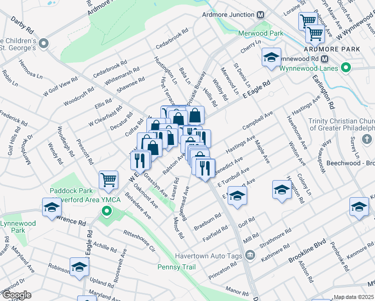 map of restaurants, bars, coffee shops, grocery stores, and more near 1333 West Darby Road in Havertown