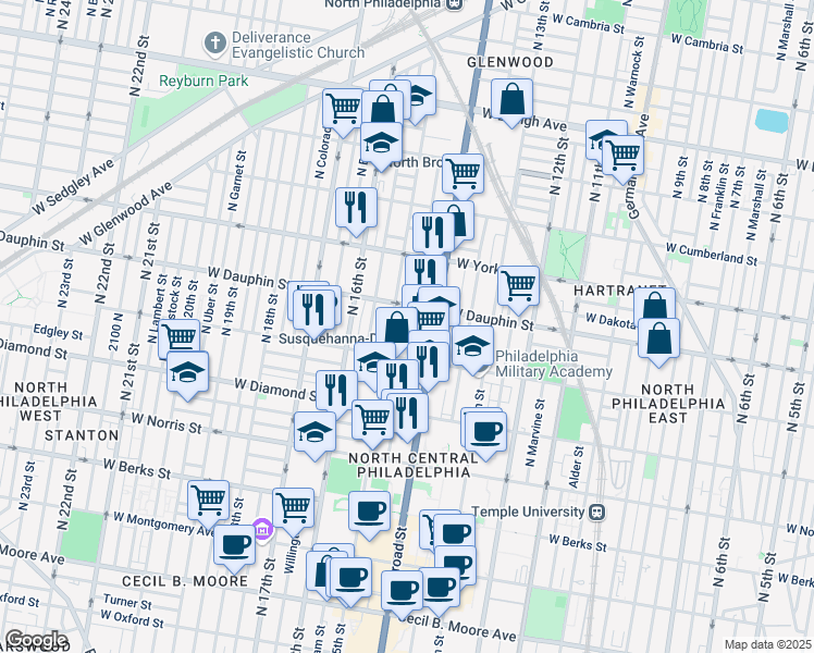map of restaurants, bars, coffee shops, grocery stores, and more near 2242 North Carlisle Street in Philadelphia