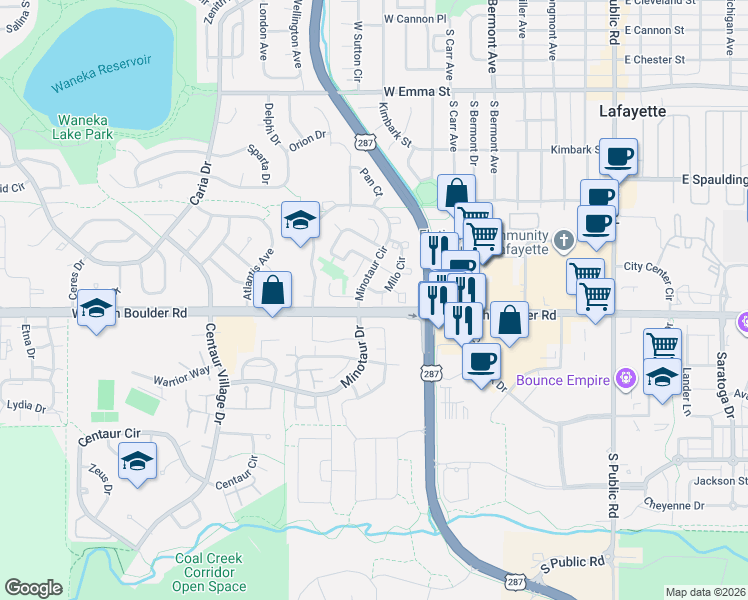 map of restaurants, bars, coffee shops, grocery stores, and more near 1328 Marigold Court in Lafayette