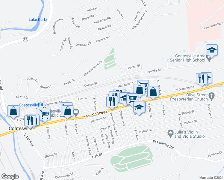 map of restaurants, bars, coffee shops, grocery stores, and more near 716 Merchant Street in Coatesville