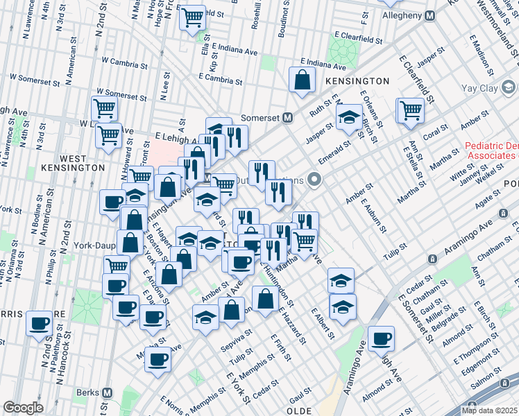 map of restaurants, bars, coffee shops, grocery stores, and more near 2659 Emerald Street in Philadelphia