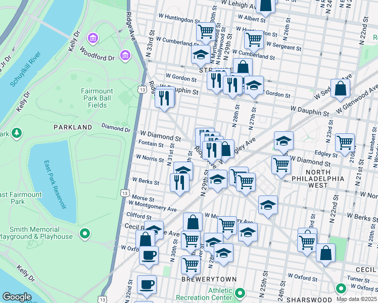 map of restaurants, bars, coffee shops, grocery stores, and more near 3000 Fontain Street in Philadelphia