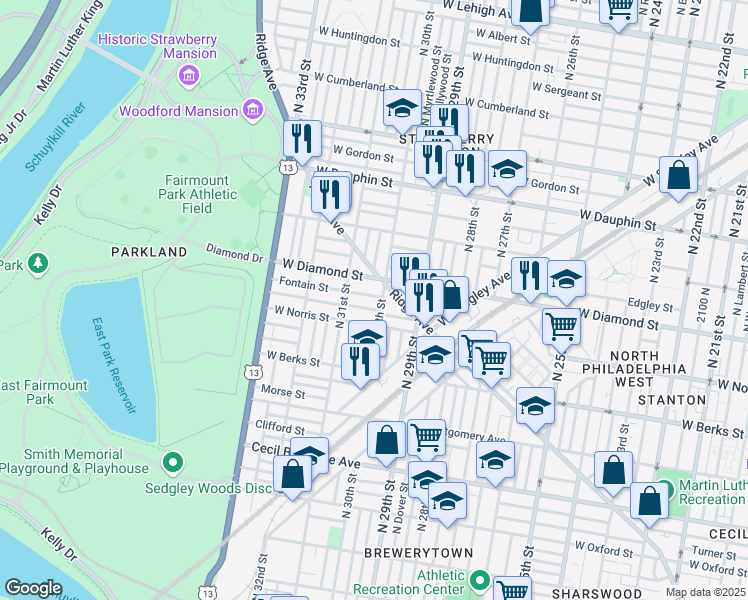 map of restaurants, bars, coffee shops, grocery stores, and more near 3008 Fontain Street in Philadelphia