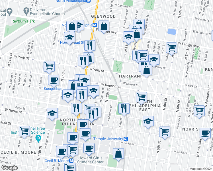 map of restaurants, bars, coffee shops, grocery stores, and more near 1208 Dauphin Street in Philadelphia