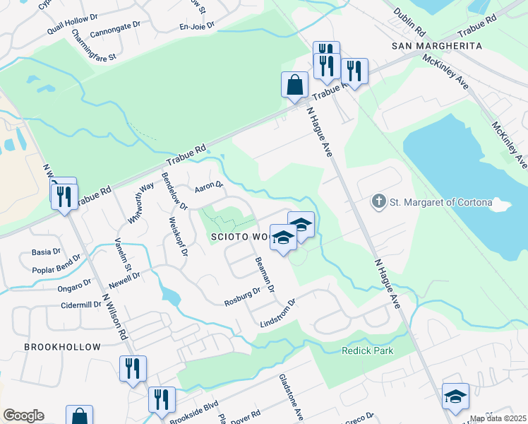 map of restaurants, bars, coffee shops, grocery stores, and more near 3409 Littler Lane in Columbus