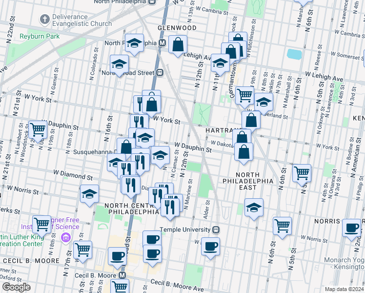 map of restaurants, bars, coffee shops, grocery stores, and more near 1208 West Dauphin Street in Philadelphia