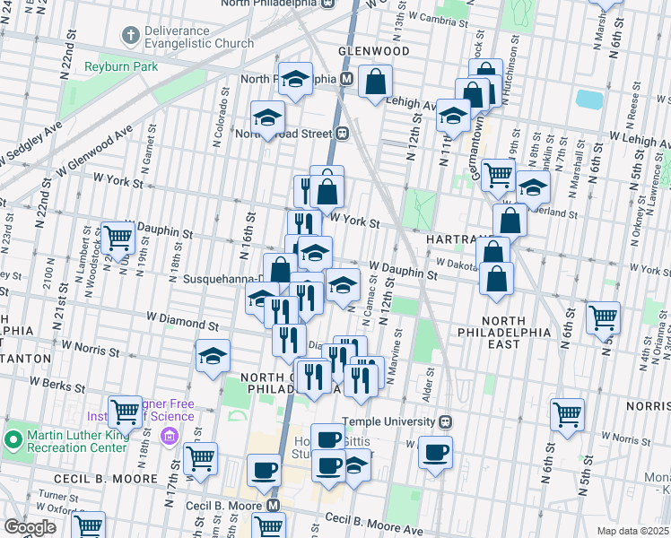 map of restaurants, bars, coffee shops, grocery stores, and more near 2252 North Park Avenue in Philadelphia