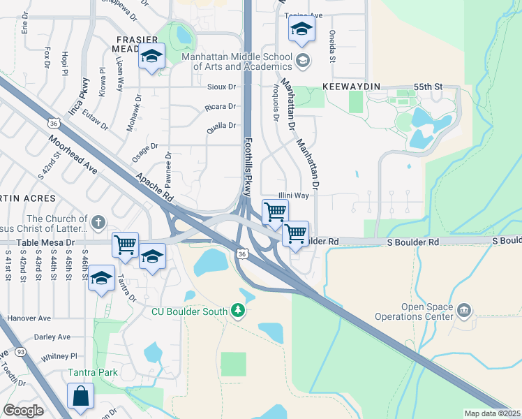 map of restaurants, bars, coffee shops, grocery stores, and more near 33 South Boulder Circle in Boulder