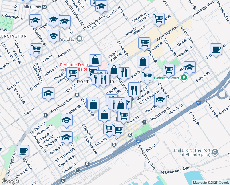 map of restaurants, bars, coffee shops, grocery stores, and more near 3250 Miller St in Philadelphia