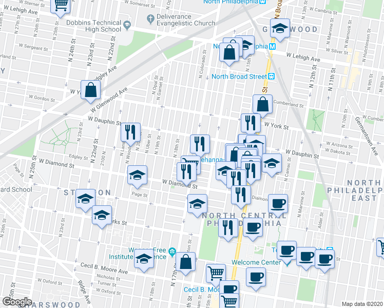 map of restaurants, bars, coffee shops, grocery stores, and more near 2216 North 17th Street in Philadelphia