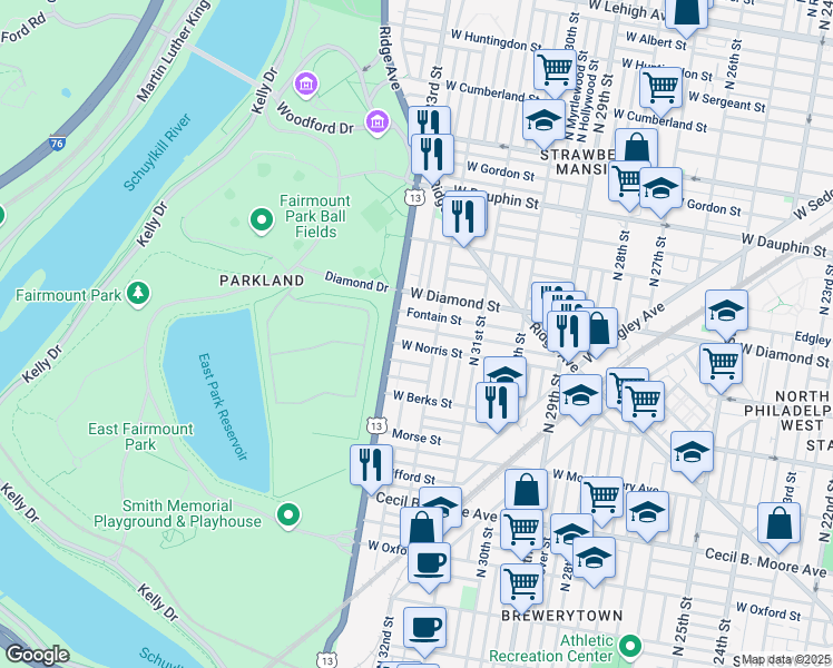 map of restaurants, bars, coffee shops, grocery stores, and more near in Philadelphia